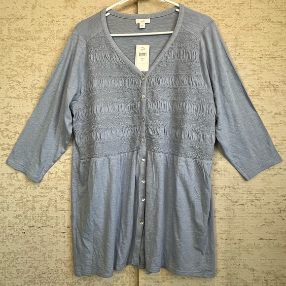 NWT J. Jill Mirage Blue Smocked Boho Tunic Top Sz XL Modal Peasant Relaxed Fit - Picture 1 of 15